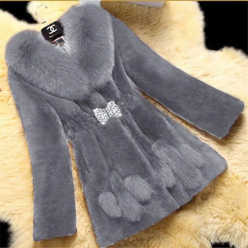 2023 New Autumn Winter Commuter Loose Coat Women Medium Long Solid Color Thick Wear Fur Collar Imitation Fur Cardigan Coat