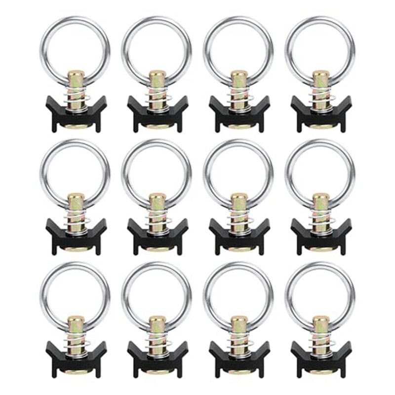 Single Stud Fitting L Track 4,000LB Capacity With Stainless Steel Round Ring Aluminum Keeper Cargo Control, 12PCS Black
