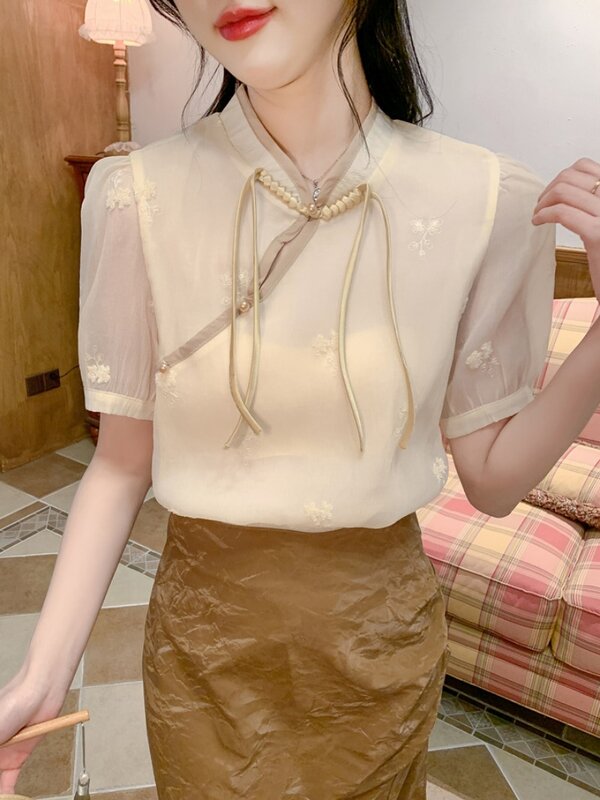 Miiiix New Chinese Qipao Chiffon Shirt Design Sense Top Women's Summer New French Retro Short Sleeved Shirts Female Clothing