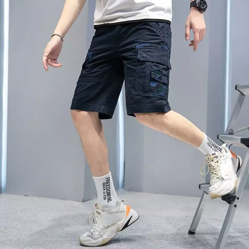 Calção de carga camuflada masculina, calça curta bermuda, cintura elástica, corredor solto de harajuku, moda luxuosa, caminhada, Y2k, 2024