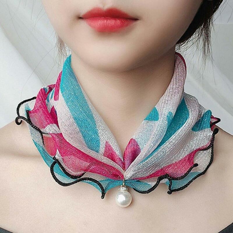 Women Silk Scarves Painting Print Imitation Pearl Neck Wrap Durable Ruffle Edge Lady Headscarf For Banquet