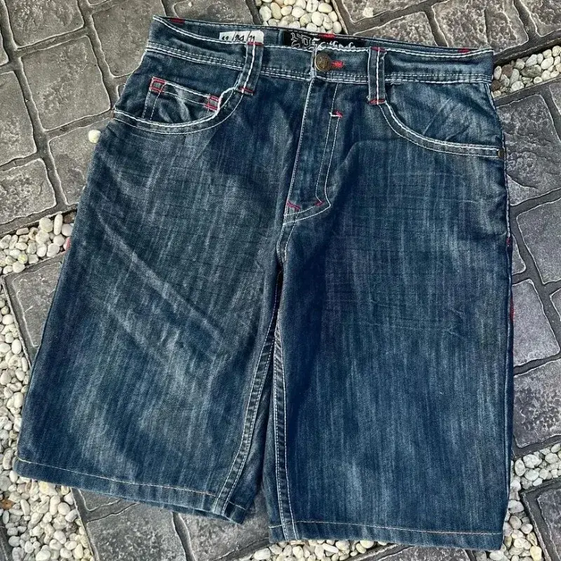 Pantaloncini di jeans oversize ricamati Harajuku per uomo 2000s nuovi pantaloni a vita alta hip hop popolari con motivo a croce geometrica y2k baggy