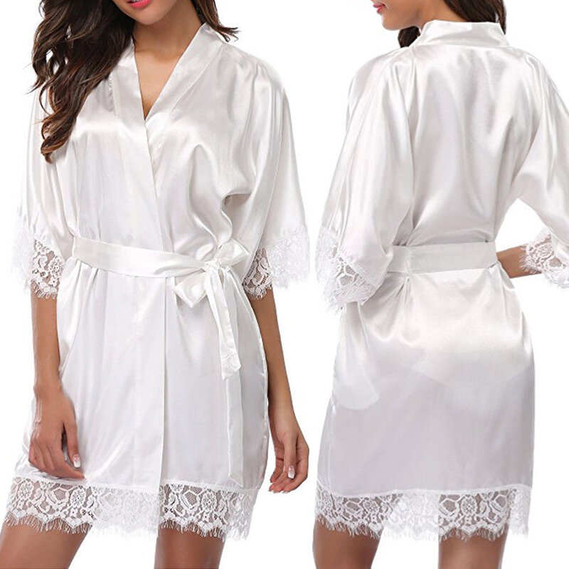 Sexy Womens Silk Satin Lace Border Nightgown Pajamas Solid Smooth Robe Dress Skin-friendly Comfortable Exquisite Nightwear