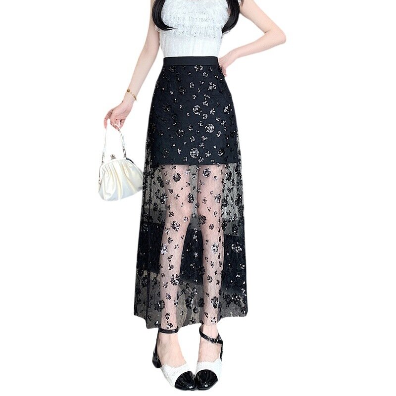 Female Version Versatile Summer New Elastic Waist Lace Mesh Skirt Sequin Perspective Casual Long Skirts Ladies Casual Skirt Q870
