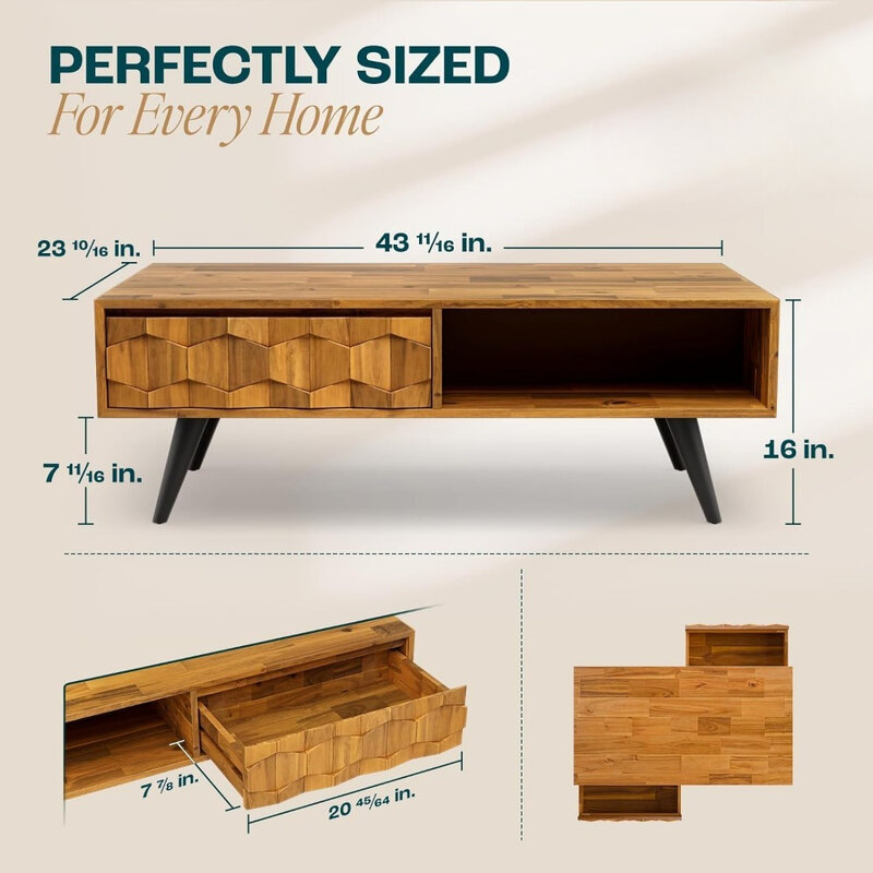 Журнальный столик из массива дерева для гостиной с 2 симметричными ящиками для хранения и геометрическими деталями, тиковые коричневые столы, мебель для кафе