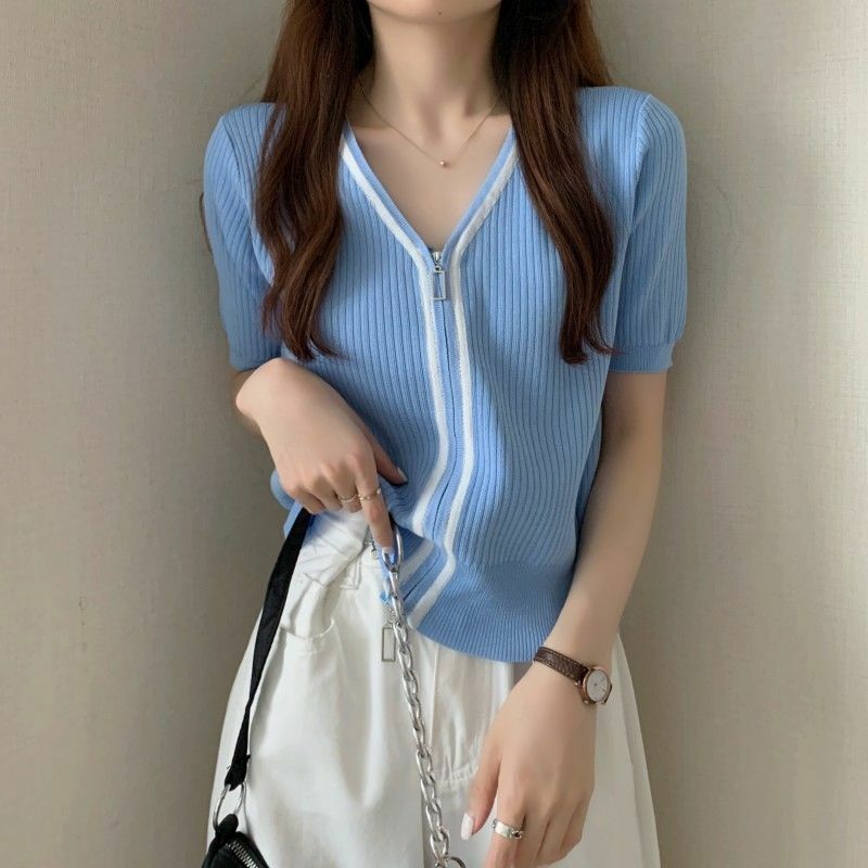 Women's V-Neck Ice Silk Tops Female Summer Short Sleeved Sun Protection Knitted T-Shirt Top Knitted Sweaters Pullovers Q467
