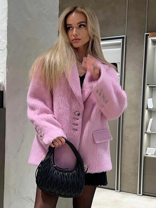 Women Mohair Woolen Plush Suit Coat Elegant Long Sleeve Loose Female Thick Turn Down Collar Jacket 2023 Winter Chic Office Lady