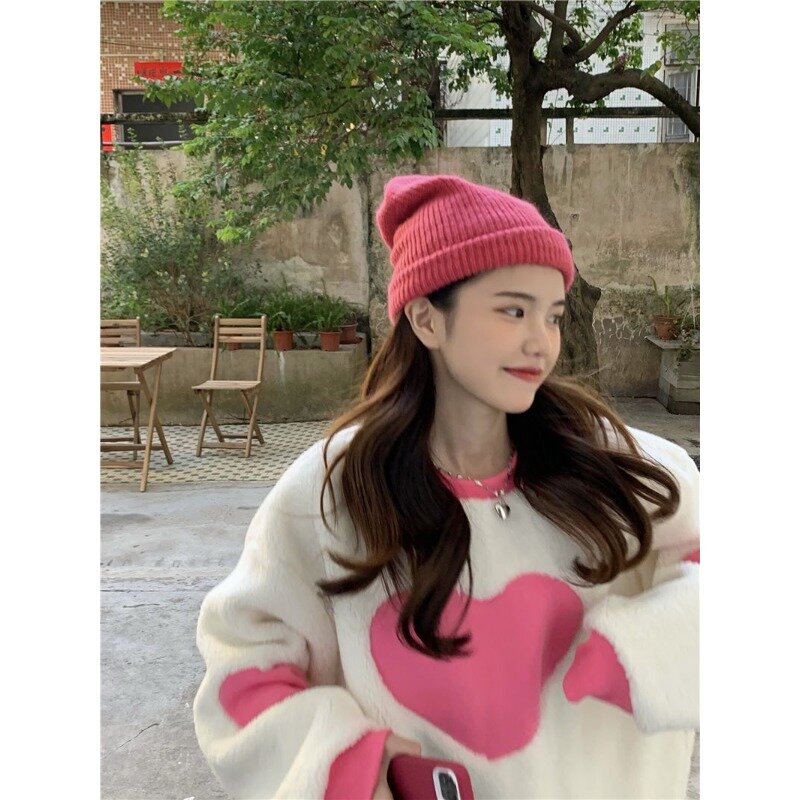 Suéter de felpa de cordero para mujer, Jersey suelto bordado de amor, versión coreana, top de otoño e invierno, 2023