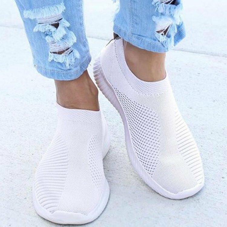 Comemore-zapatos vulcanizados de punto para mujer, zapatillas informales sin cordones, calzado plano para caminar, mocasines blancos de malla suave, 2023