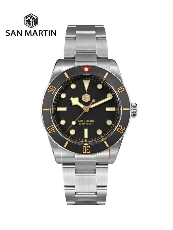 San martin-メンズ自動機械式時計,ヴィンテージリストバンド,サファイア発光,防水,sn0138,nh35,新品,37mm,bb54,200m