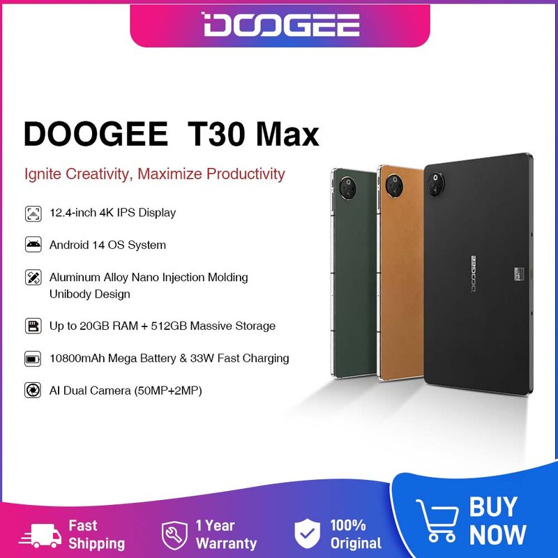 DOOGEE T30 Max Tablet 12.4" 4K 20GB(8+12) 512GB Android 14 50MP Dual Camera 10800mAh 33W Fast Change Aluminum Alloy Nano Unibody