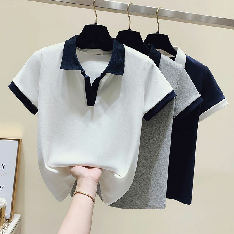 Camiseta de manga corta de algodón puro para mujer, Camiseta con cuello tipo Polo, diseño ajustado, Top corto versátil, ropa de verano, nuevo