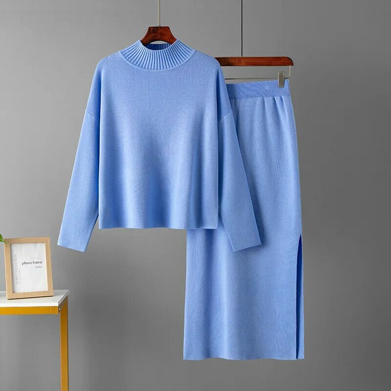 HLBCBG-conjunto de saia maxi de malha feminina, agasalho de 2 peças, suéter de gola alta quente, saia reta midi longa, inverno
