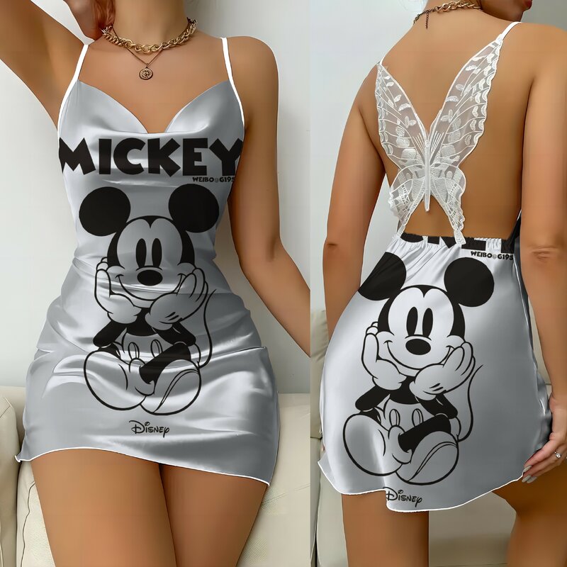 Vestido de fiesta de Disney para mujer, minifalda de pijama con estampado de Mickey y Minnie Mouse, con lazo, Sexy, a la moda, para verano, 2024