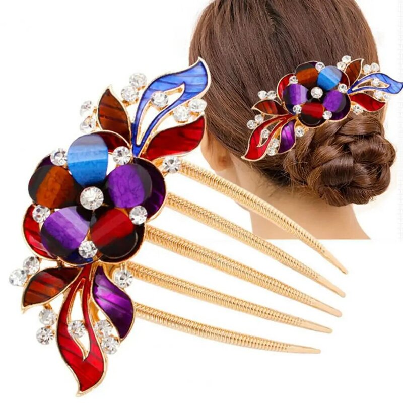 Women Hair Comb Vintage Portable Big Flower Decor Hairpin Rhinestone Five Teeth Hair Clip Hair Styling Accessories Закладка