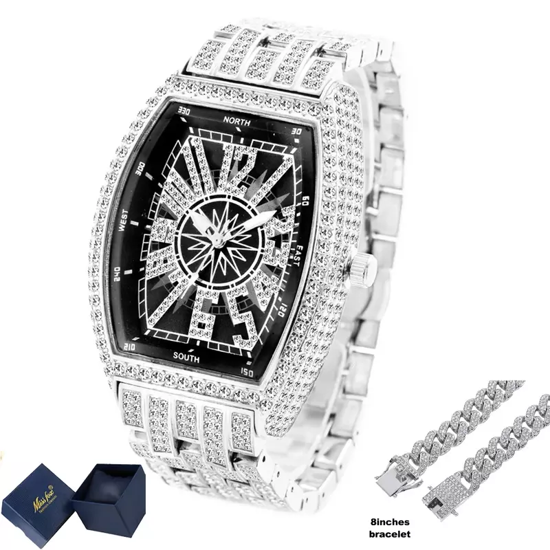 Мужские часы в стиле хип-хоп со льдом и кубинской цепочкой, мужские часы с блестящими бриллиантами, кварцевые наручные часы, мужские часы с с...