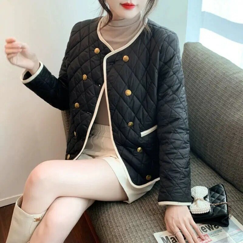 เสื้อโค้ทผู้หญิงคอกลมวินเทจแจ็กเก็ตผ้าฝ้ายกระดุมสองแถว MODE Korea ให้ความอบอุ่นน้ำหนักเบา