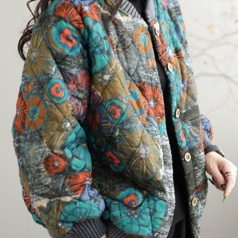 Manteau en coton imprimé pour femme, veste chaude, manches longues, simple boutonnage, parka coréenne, col montant, manteau rembourré en coton, automne, hiver