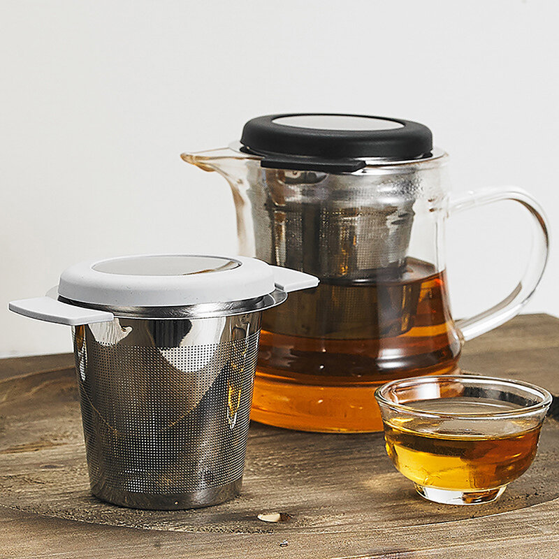 Cestello per infusore per tè riutilizzabile in acciaio inossidabile colino per tè a rete Fine con coperchio con manici filtri per tè e caffè per foglie di tè sfuse