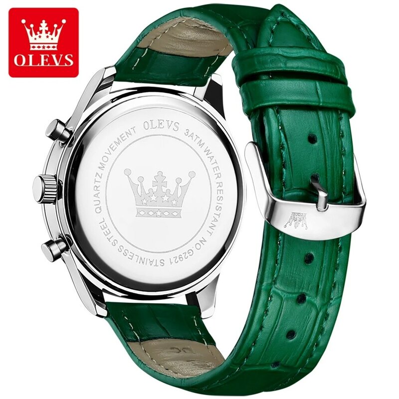 Olevs Merk Mode Groen Quartz Horloge Voor Mannen Lederen Waterdichte Lichtgevende Kalender Luxe Chronograaf Horloges Relogio Masculino