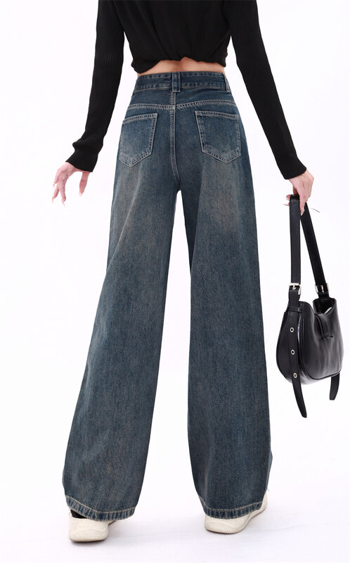 Jeans de perna reta solta azul feminino, estilo coreano, streetwear vintage de cintura alta, calça jeans Harajuku básica, calça aconchegante para mãe