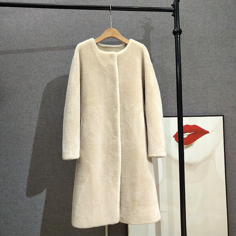 Abrigo largo de piel de oveja para mujer, Parka cálida de lujo con cuello redondo, 100%, PT371