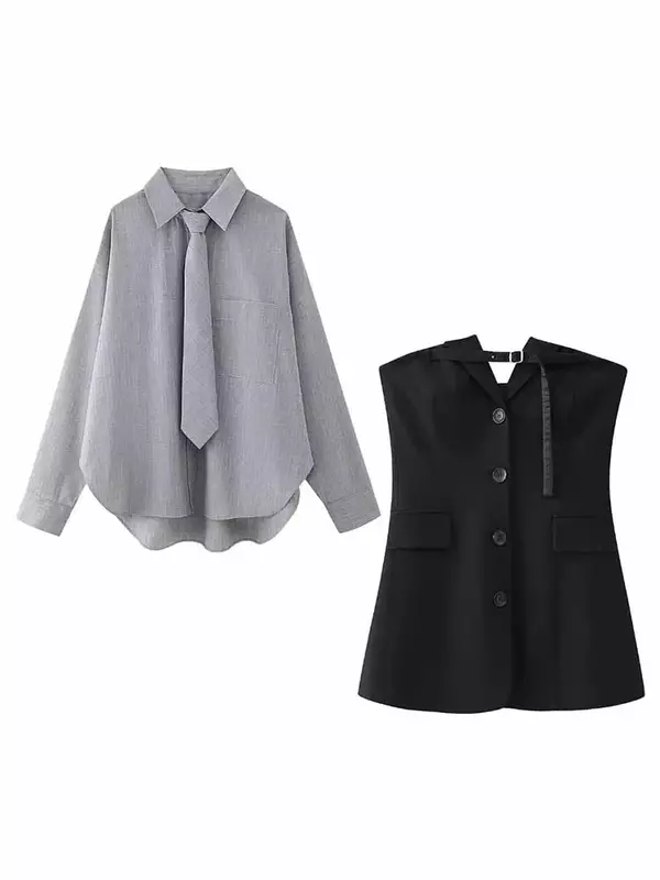 Женская Асимметричная блузка в полоску, свободная винтажная блузка с длинным рукавом, украшенная галстуком, на пуговицах, шикарные топы, новинка 2023