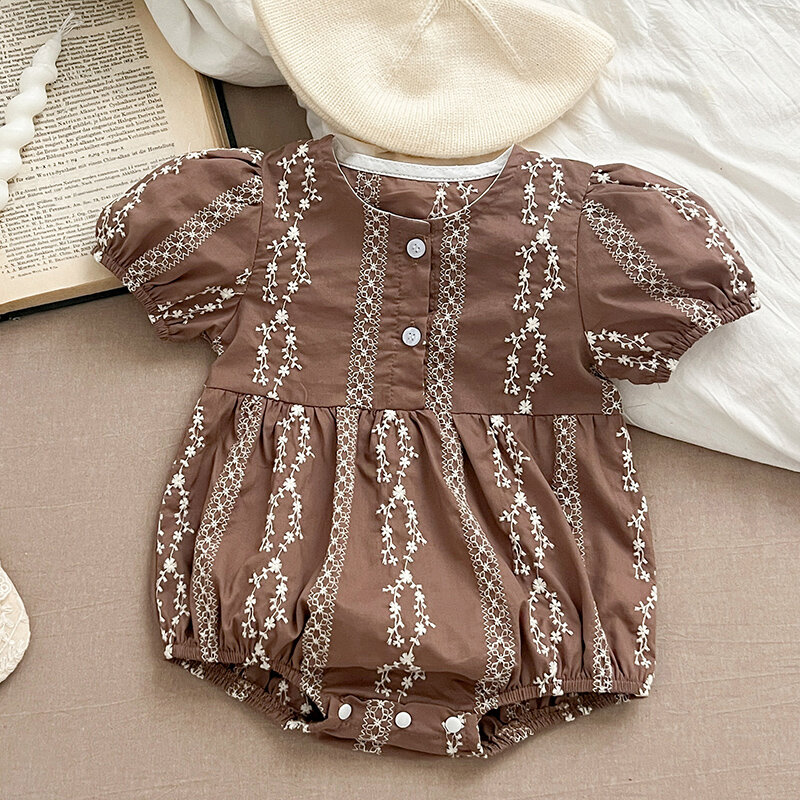 2024 New Summer 0-24M Children Clothes Infant Baby Girls Bodysuits Short Sleeved Cotton Embroidery Toddler Baby Girls Jumpsuit