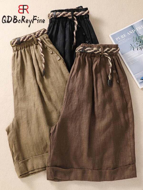 Celana pendek katun Linen wanita, Bawahan kasual pinggang tinggi longgar dengan sabuk Korea ukuran besar musim panas untuk perempuan