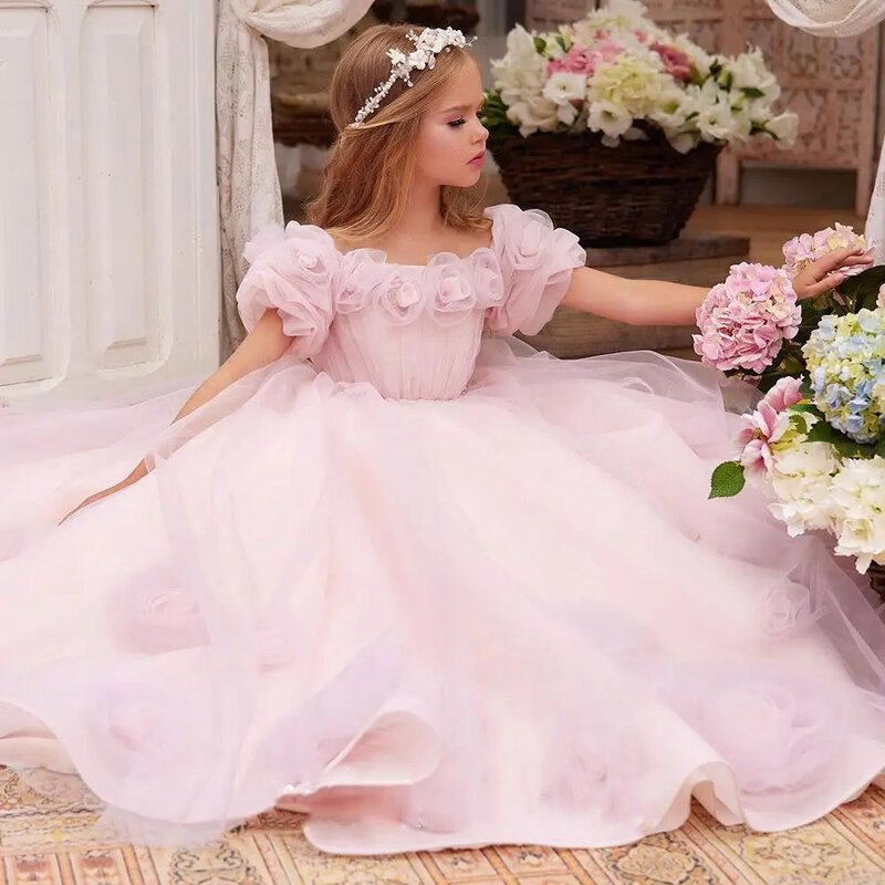 Dziewczęca sukienka w kwiaty dla ślubny tiul aplikacja z koralików puszysta długość podłogi eleganckie dziecko pierwsze sukienki na przyjęcie urodzinowe eucharystyczne