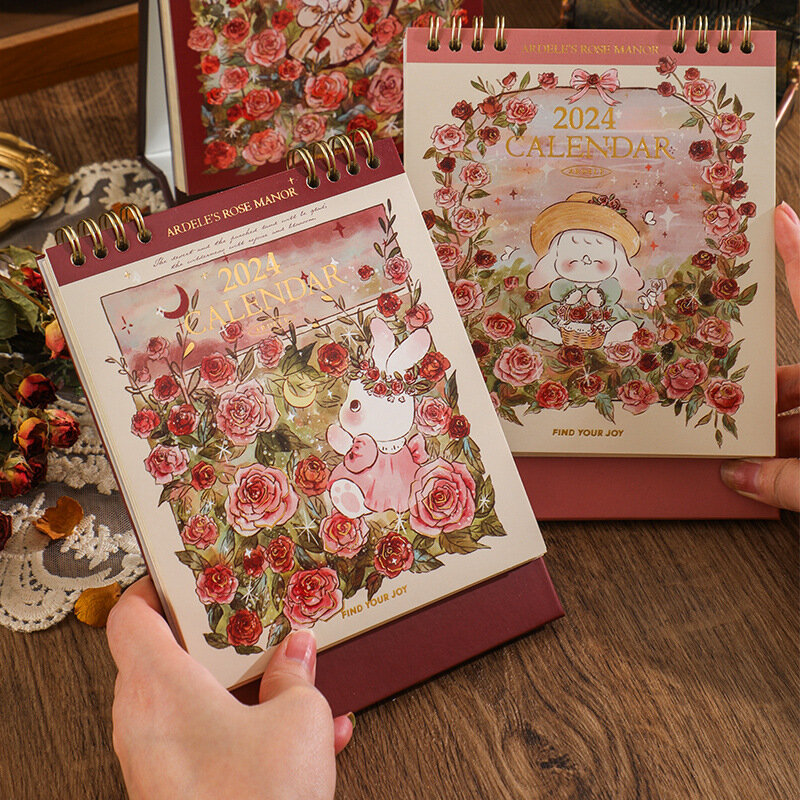 Новый календарь Adele's Rose с изображением дома на 2024 год, настольные календари с мультяшным кроликом и розой, ежемесячный ежедневный планировщик