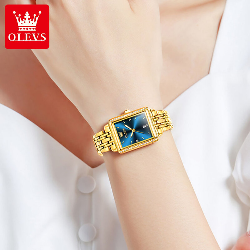 OELVS jam tangan wanita mewah, Set asli jam tangan kuarsa Dial persegi panjang emas elegan dengan kotak hadiah