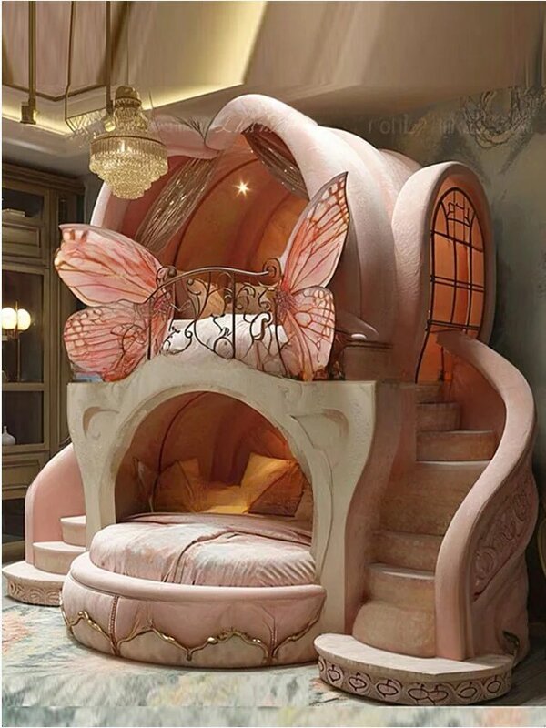Pink dream butterfly model children's bed soft bag Princess bed Creative design girl bed custom child bed