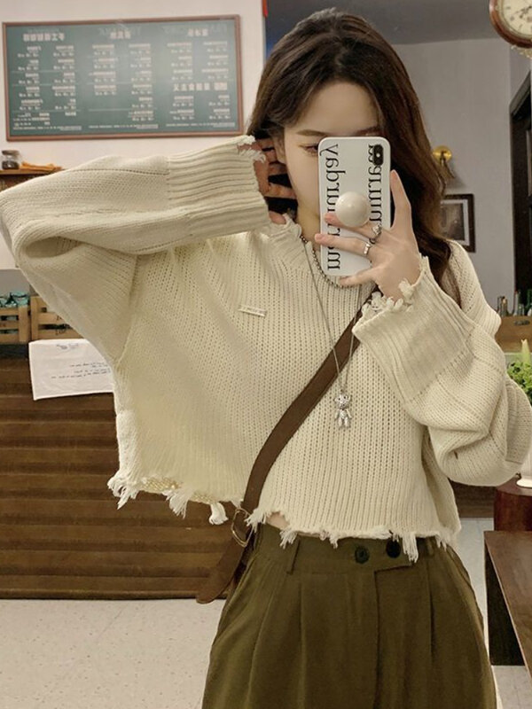 Swetry damskie jesień codzienny luźny, dzianinowy postrzępiony Design koreański Fashion Crop Ins delikatny słodki podstawowy studenci solidny cały mecz nowy