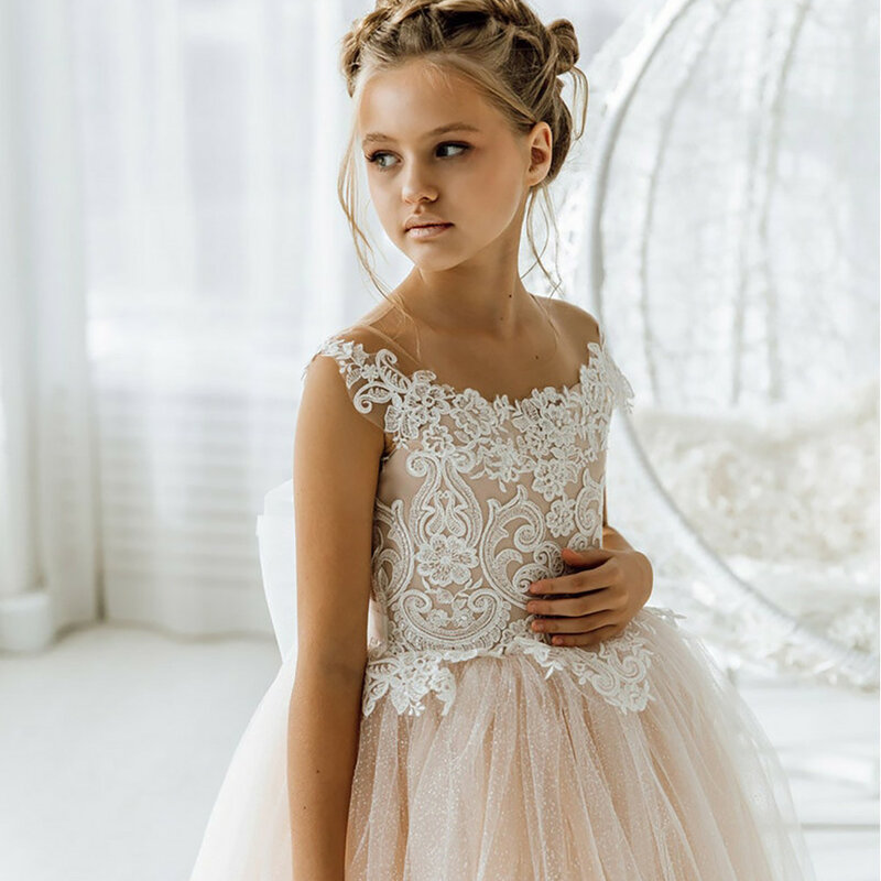 Платье для девочки на свадьбу 2023 кружевное Тюлевое платье с открытой спиной для девочки с цветами винтажное бальное платье для подружки невесты для первого причастия от 4 до 8 лет