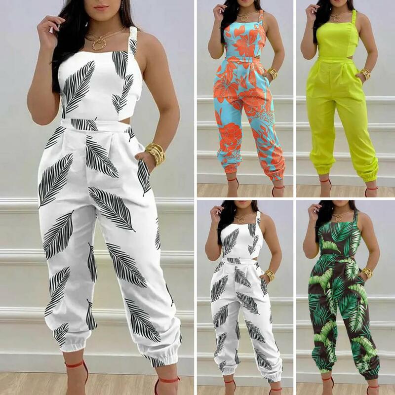 Women Jumpsuit Stylish Jumpsuit with Colorful Print Lace-up Bow Detail Cross Back Design for Parties Commutes Special Occasions