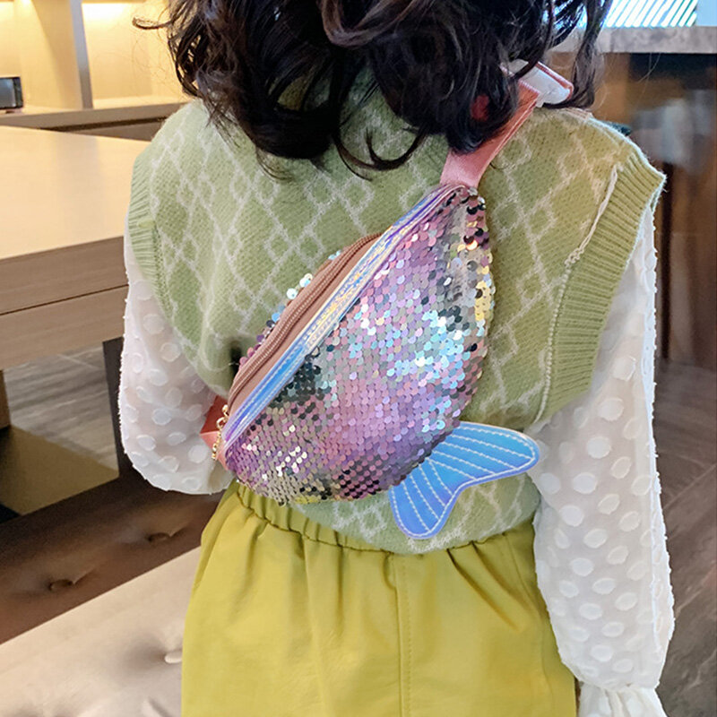 Lantejoula Fanny Pack para meninas, pequeno saco de cinto de sereia brilhante, sacos de praia infantil, moda infantil, bolsa de verão, 2022