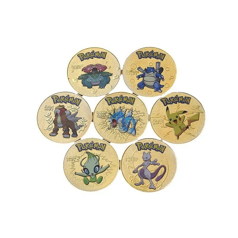 Pokemon Gold Coin Metal Set Mewtwo Charizard Pikachu Venusaur Squirtle Anime Commemorative Medallion Collectible Pokeball Gift