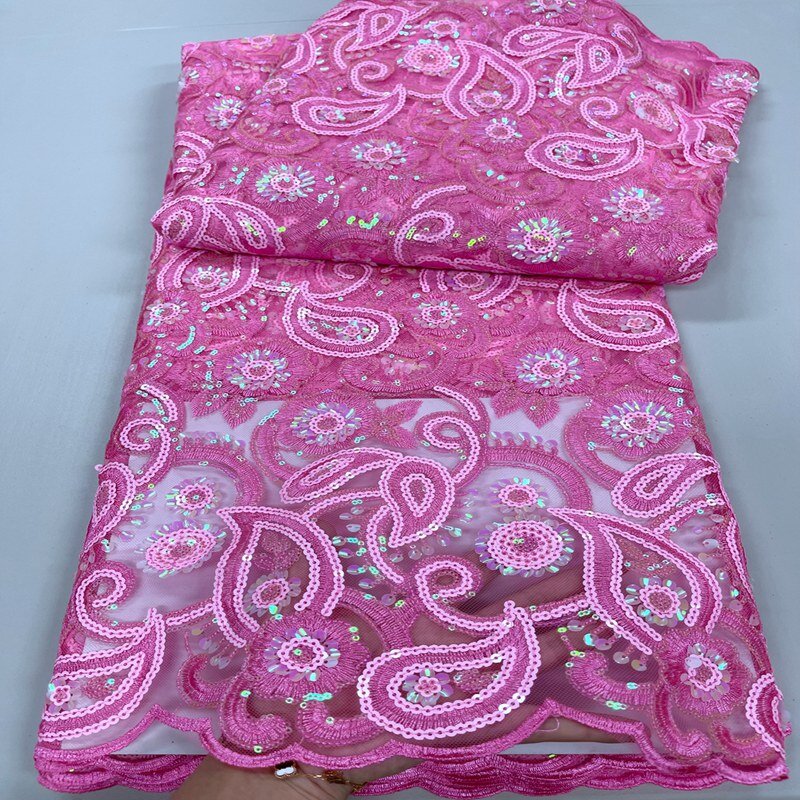 Wysokiej jakości francuska koronka na siateczce tiulowa różowa tkanina z cekinami nigeryjskie koronki TS1705