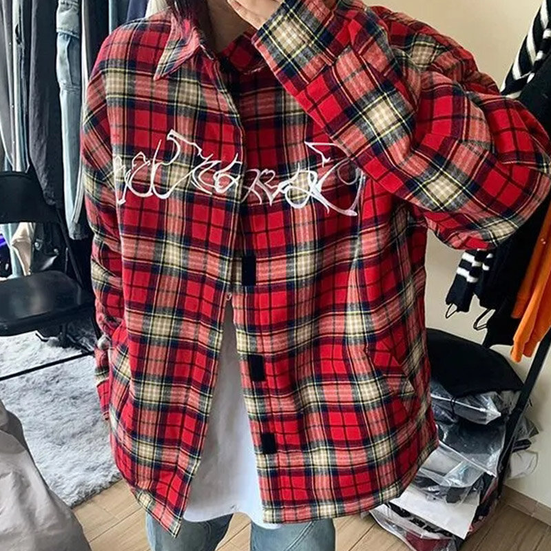 Spring And Autumn Men Red Plaid Embroidered Long Sleeved Shirt American Literary Women's Loose And Lazy Couple Flip Collar Shirt