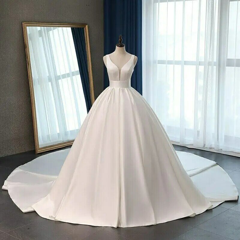 Gaun pernikahan utama Satin, gaun pengantin gaya Perancis baru 2024, bahu terbuka kelas tinggi Retro, lampu musim panas