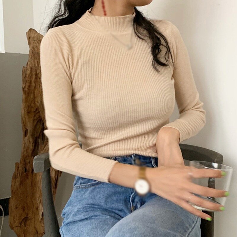 Women's Fashion Solid Half-Turtleneck Casual Sweater Long Sleeve Slim Fit Fall/Spring Versatile Bottoming Pullover Tops