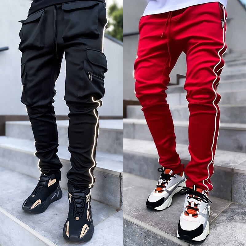 Spring and Autumn Workwear Pants Men's Fashion Brand Elastic Multi-Bag Reflective Straight Sports Fitness Casual Trousers