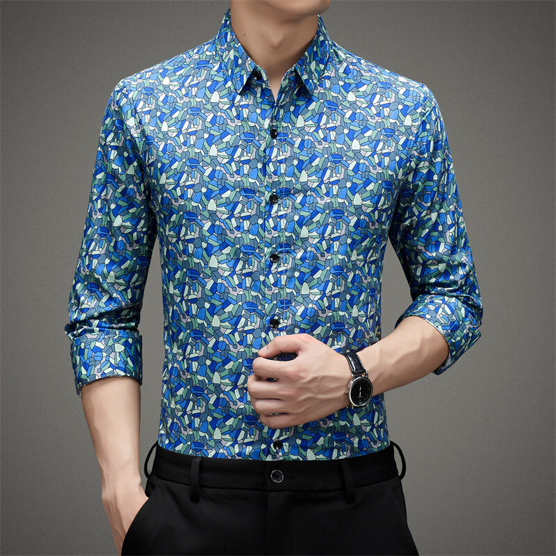 남성용 순면 격자 무늬 셔츠, 긴팔 100% 면 드레스 셔츠, 패치워크 색상 의류, 2023 봄 패션
