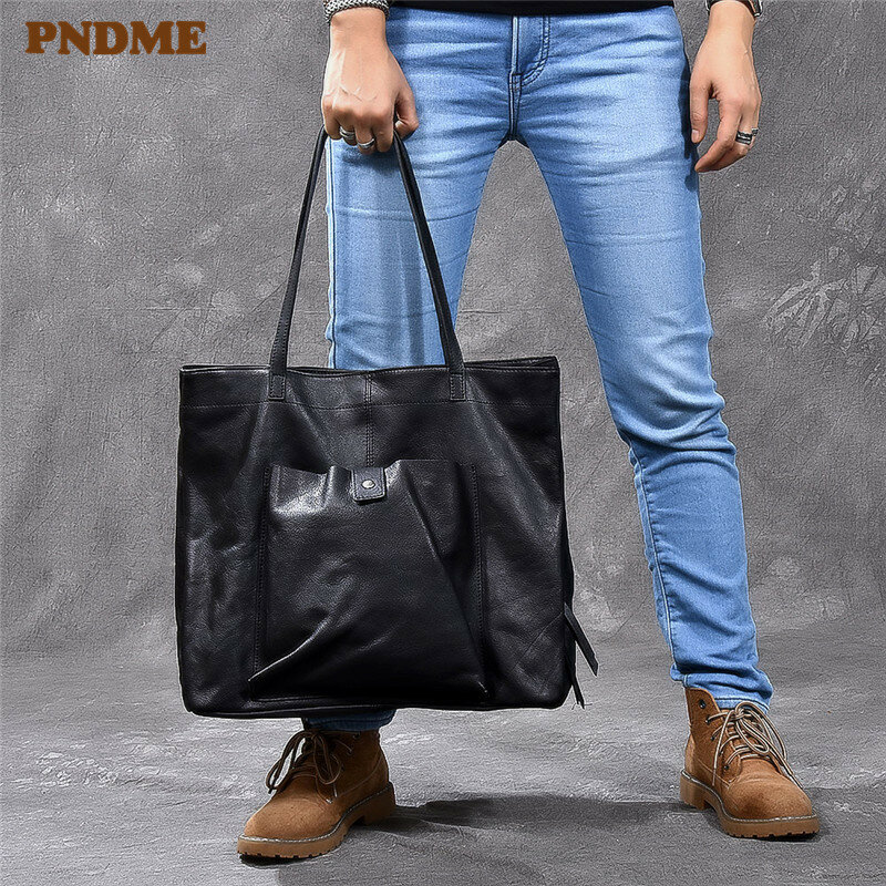 Genuine leather large capacity black tote bag luxury men's handbag designer casual real cowhide women's work travel shoulder bag