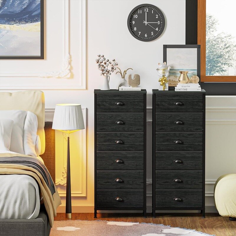 Tall Dresser for Bedroom,Vertical Storage Tower Unit and End Table with 6 Drawers, Nightstand Furniture with Fabric Drawer