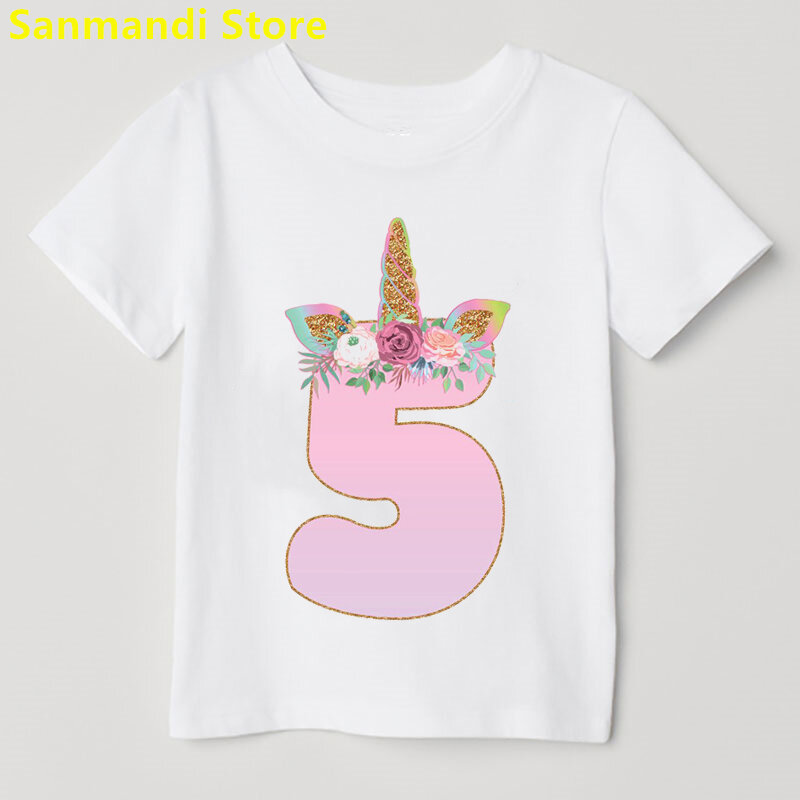 T-Shirt Gambar Cetak Unicorn Bunga Merah Muda Baru Hadiah Ulang Tahun Ke-9 untuk Anak Perempuan Tshirt Pakaian Anak-anak Lucu T Shirt Anak Perempuan