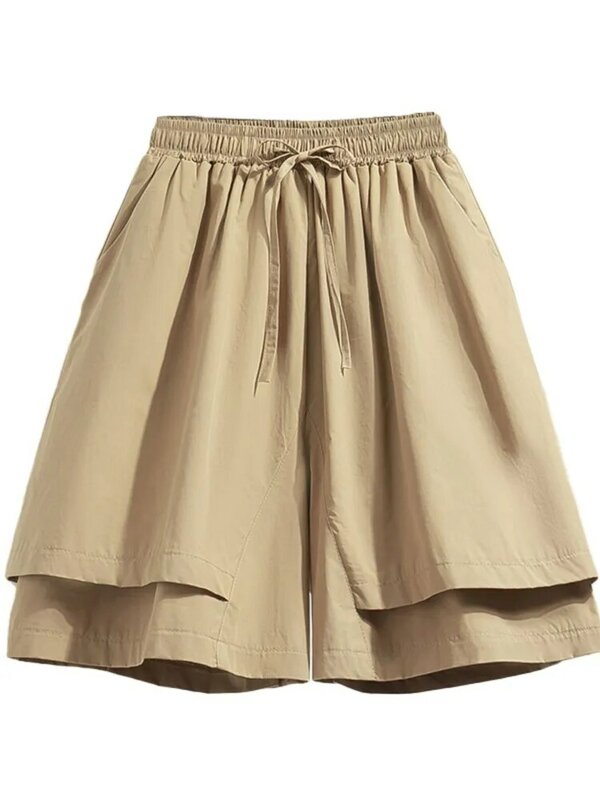 Mini shorts de cintura alta com elástico feminino, saias plissadas femininas, perna larga solta, moda casual, verão, plus size