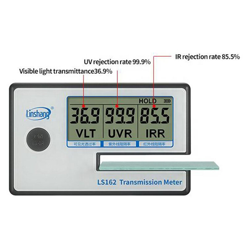 مقياس نقل صبغة النوافذ المحمول ، رفض الأشعة تحت الحمراء ، معدل حجب الأشعة تحت البنفسجية ، نفاذية الضوء المرئي ، Linshang LS162