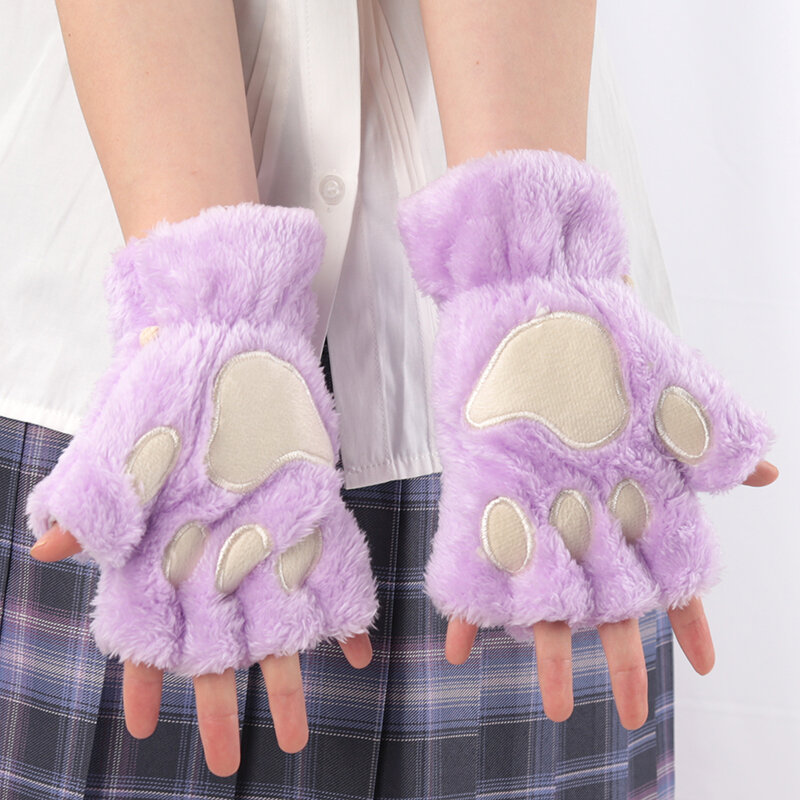 Sarung tangan cakar kucing kartun wanita, sarung tangan hangat setengah musim dingin gaya cantik beruang kaki terbuka